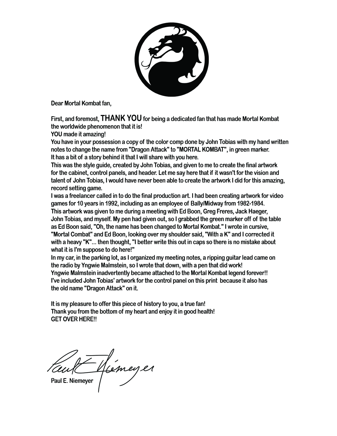 Mortal Kombat letter